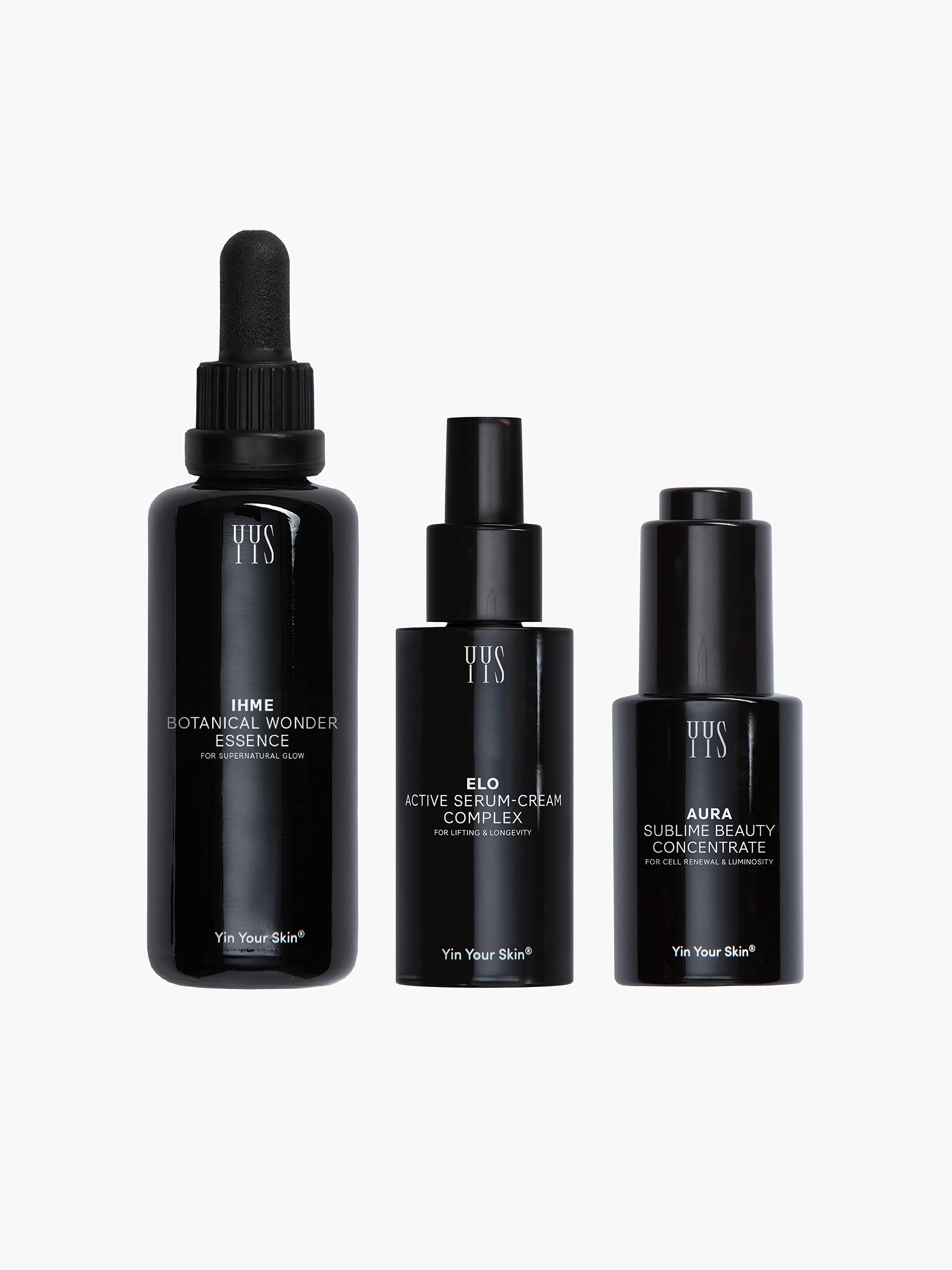 Yin Your Skin Longevity Set - IHME Botanical Wonder Essence, ELO Serum-Cream Complex and AURA Elixir